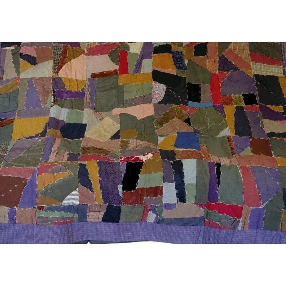 Vtg Handmade Crazy Quilt Early 20th Century Velvet Satins Heavy 78x74 Read